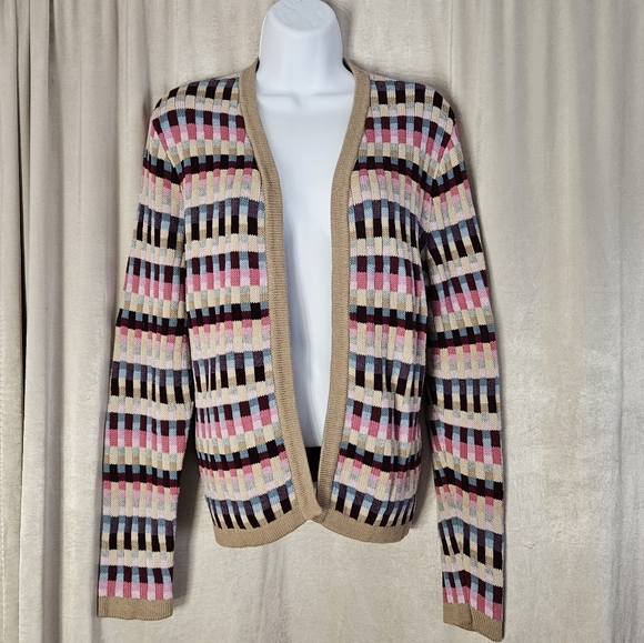 NWOT Talbots tan red pink blue purple cotton cardigan sweater Womens Large - Picture 3 of 9